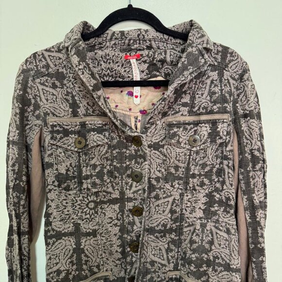 Free People Ramie Brown and Tan Floral Paisley Boho Trench Jacket Size 6 - Picture 1 of 9